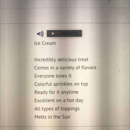 The poem titled ice cream is an acrostic poem. The first letter of each line aligns vertically to