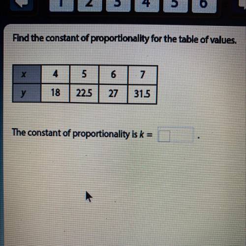 Find the constant of proportionality for the table of values.

4
5
6
7
y
18
22.5
27
31.5