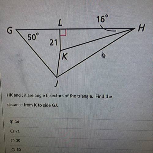 PLEASE HELP ME

HK and JK are angle bisectors of the triangle. Find the
distance from K to side GJ