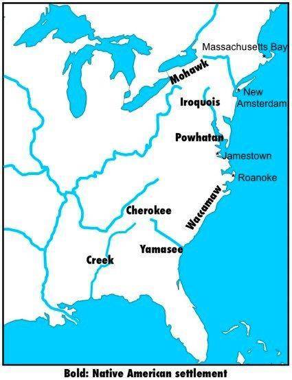 Map of settlements in North America (mid1600s)

When looking at the map, what can you tell about