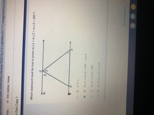 Which statement must be true to prove M angle 1+ m angle 2+ m angle 3= 180
