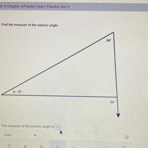 Find the measure of the exterior angle.
54
(x - 2)
2x