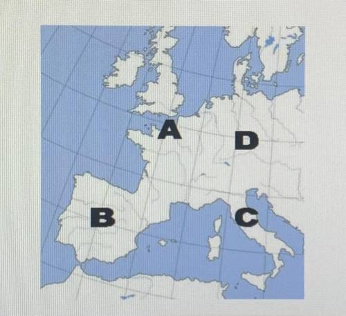 Which letter marks the Iberian Peninsula?
es
A)
A
B)
00
n
D)
D