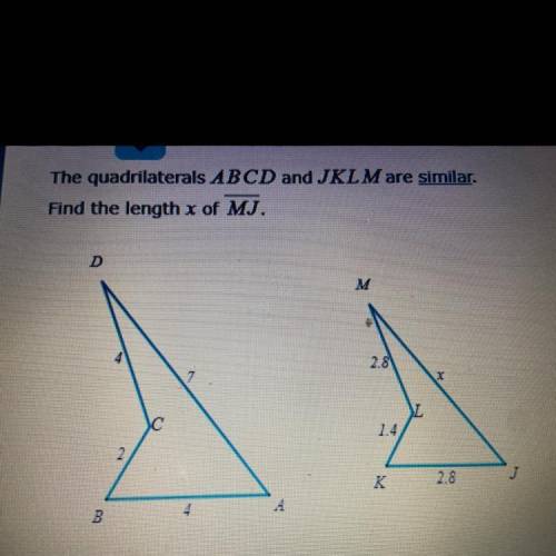The quadrilaterals ABCD and JKLM are similar.
Find the length x of MJ.