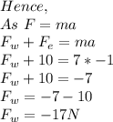 Hence,\\As\ F=ma\\F_w+F_e=ma\\F_w+10=7*-1\\F_w+10=-7\\F_w=-7-10\\F_w=-17N