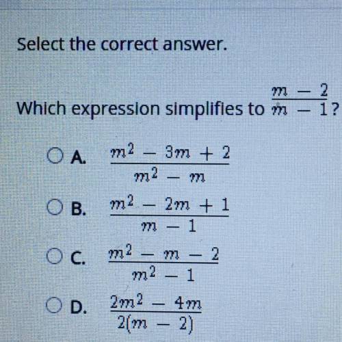 Which expression simplifies to m-2/m-1?
