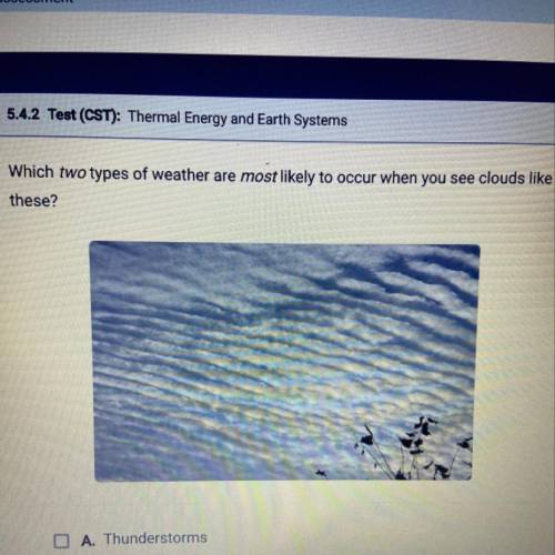 Which two types of weather are most likely to occur when you see clouds like

these?
O A Thunderst
