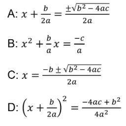 Fill in the missing steps for the derivation of the quadratic formula using the choices below.

On