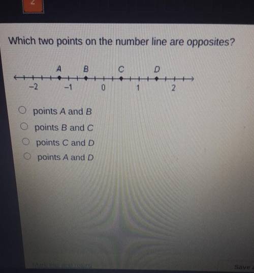 Which two points on the number line are opposites? points A and B. points B and C. points C and D.