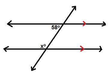 2) Find the value of x. (pic below)
A. 180 degrees
B. 58 degrees
C. 122 degrees
