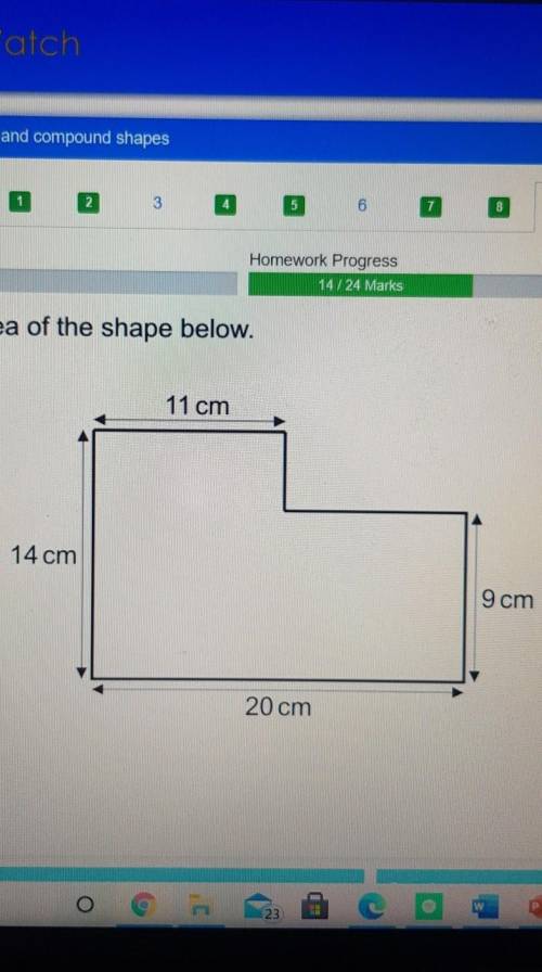 Find the area of the shape below.