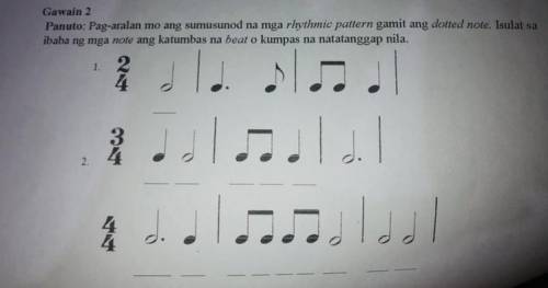 Pag aralan mo ang sumusunod na mga rhythmic pattern gamit ang dotted note. Isulat sa ibaba ng mga n
