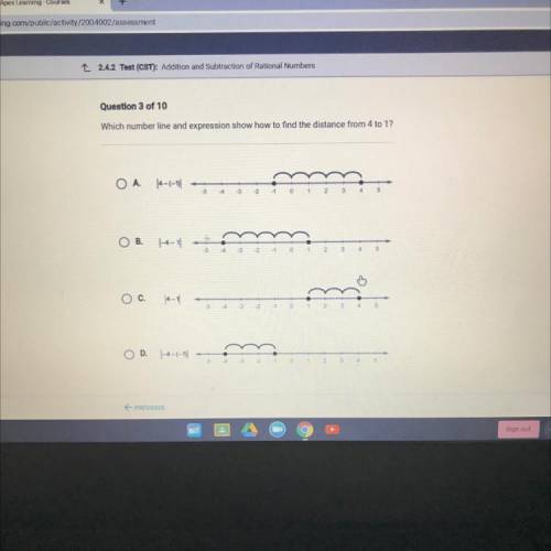 Which number line and expression shows how to find the distance from 4 to1