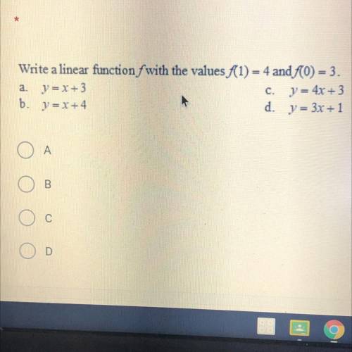 PLEASE HELP ITS DUE IN 10 MINUTES
write a linear function f with the values f(1)=4 and f0=3