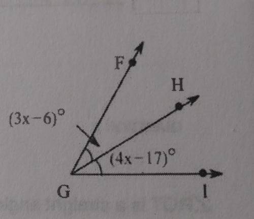 In the diagram GH bisects FGI1. solve for X and find m FGH2 Find HGI3 Find FGI