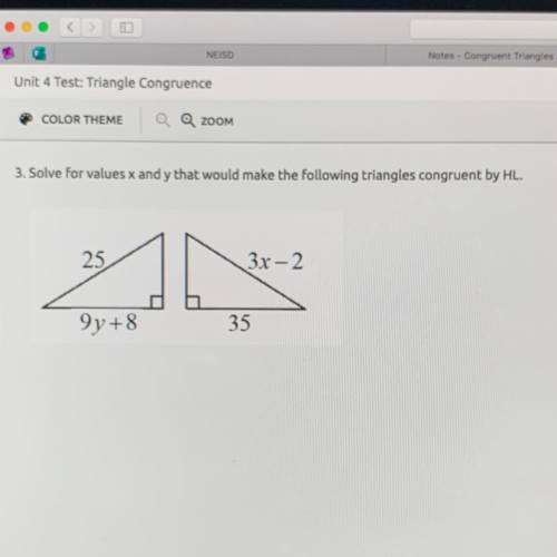 Solve for values x and y that would make the following triangles congruent by HL.
