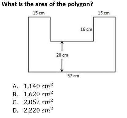 What is the area of the polygon?
A: 1,140 2
B: 1,620 2
C: 2,052 2
D: 2,220 2