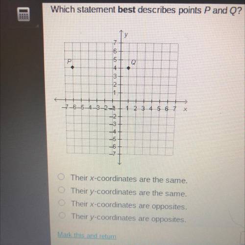 Which statement best describes points P and Q?

OTheir x-coordinates are the same.
O Their y-coord