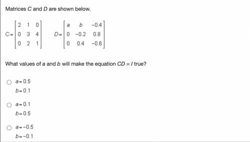 Matrices C and D are shown below.
What values of a and b will make the equation CD = I true?