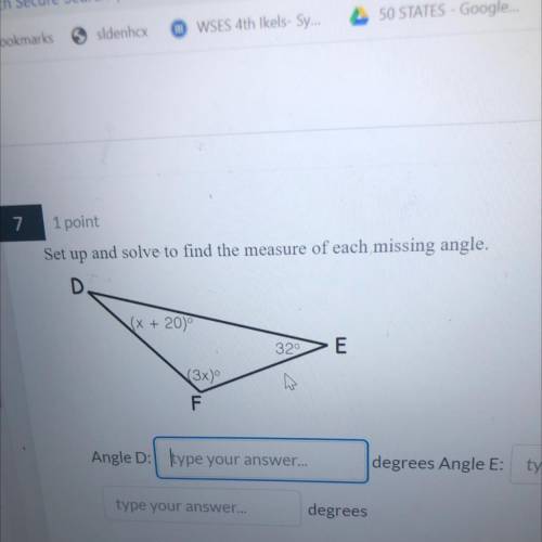Set up and solve to find the measure of each missing angle.

Angle D:
Degrees
Angle E:
Degrees
Ang