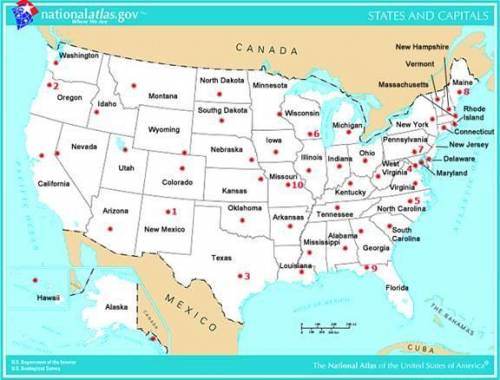 Map of the United States labeled with state names and either stars or numbers and stars. 1 New Mexi