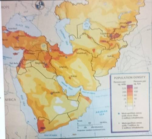 Map of Southwest Asia

1. which country has an area of high population density but no large cities