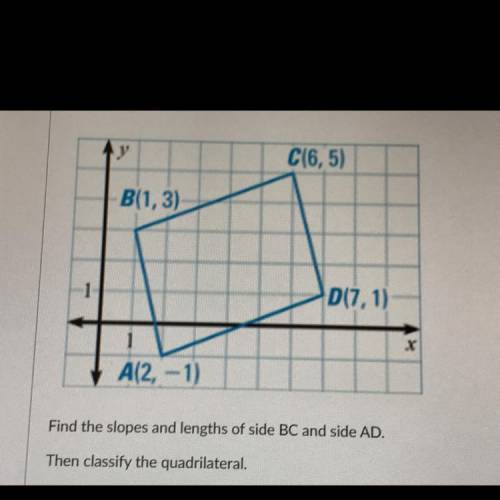 Please I really need help with this question!!

1. Slope of segment BC
2. Slope of segment AD
3. L