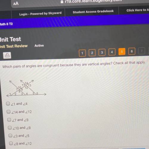 Which pairs of angles are congruent because they are vertical angles? check all that apply.