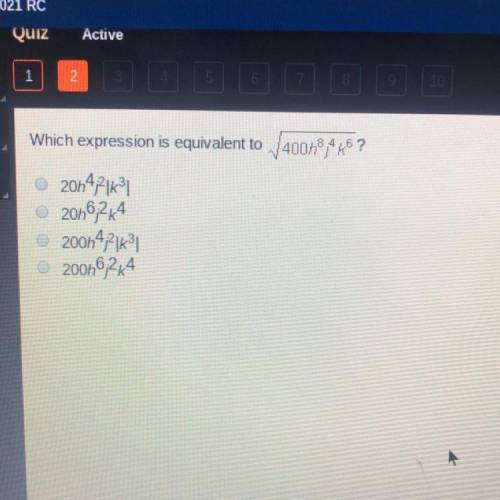 Which expression is equivalent to sqrt400h^8j^4k^6