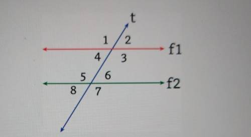 line t intersects parallel lines f1 and f2 as shown below. According to the information provided, w