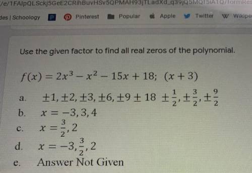 Someone please help
Use the given factor to find all real zeros of the polynomial.