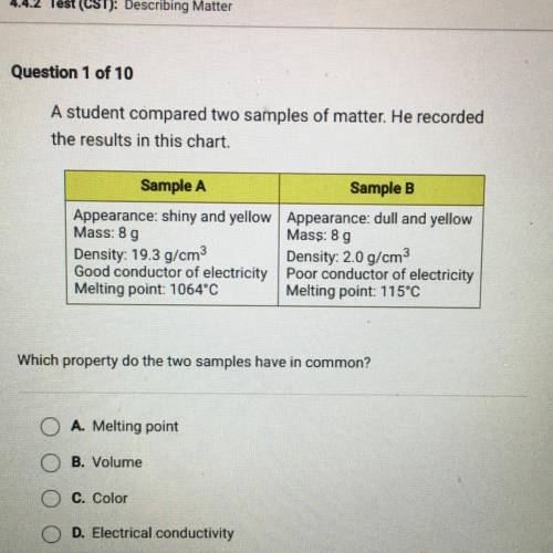 A student compared two samples of matter. He recorded

the results in this chart.
Sample A
Sample