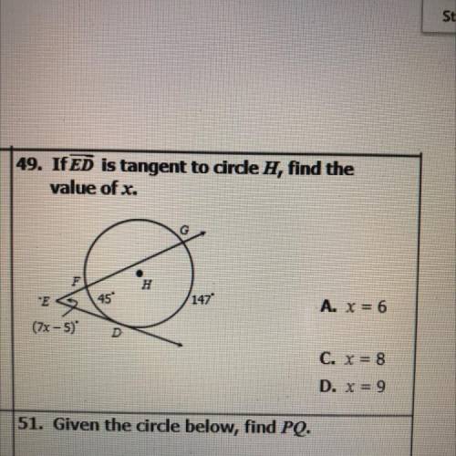 If ED is tangent to circle H, find the value of x