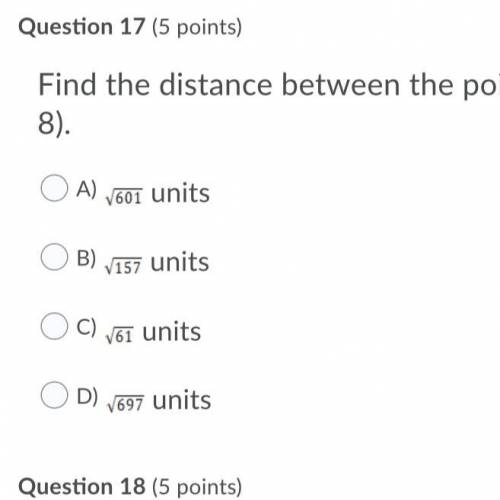 Find the distance between the points (–15, 3) and (–9, 8).