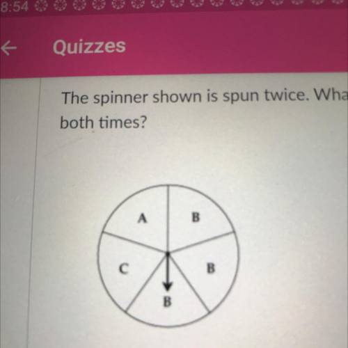 The spinner shown is spun twice. What is the probability that it will land on B
both times?