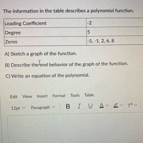 The information in the table describes a polynomial function.

-2
Leading Coefficient
5
Degree
Zer