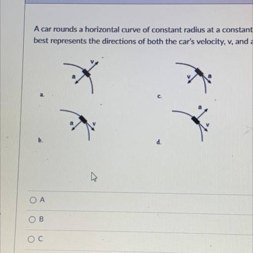 A car rounds a horizontal curve of constant radius at a constant speed. Which diagram

best repres
