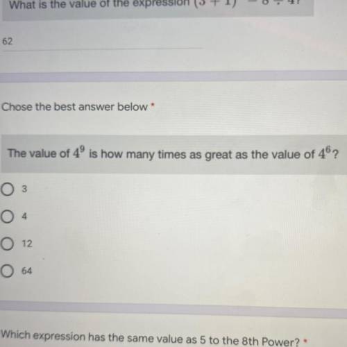 The value of 4^9 is how many times as great as the value of 4^6?? help