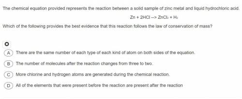 Please Help Me!!

Zn + 2HCl --> ZnCl2 + H2 Which of the following provides the best evidence th
