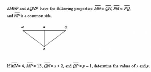 Determine the values of x and y.

A) x = 4, y = 13
B) x = 5, y = 15
C) x = 3, y = 12
D) x = 2, y =