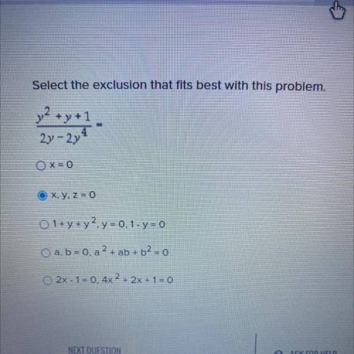 Select the exclusion that fits best with this problem.
4x- 4x +1
8r-1