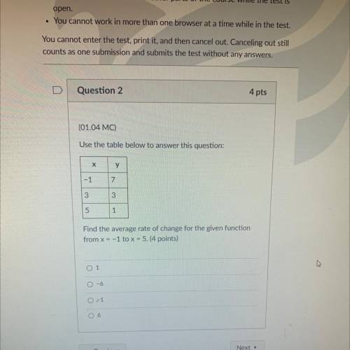 Find the average rate of change for the given function

from x = -1 to x = 5. (4 points)
NEED EXPL