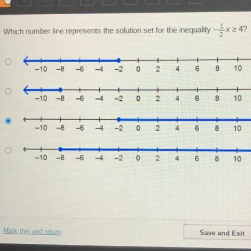 Which number line represents the solution set for the inequality 1x 24?

-10 -8
6
-4
-2
0
2 4
6
8