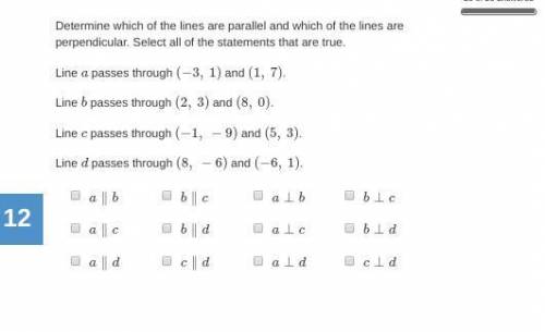 Determine which of the lines are parallel and which of the lines are perpendicular. Select all of t