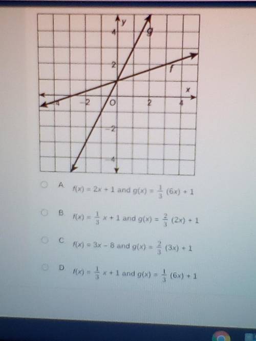 Help please:

Which equations match the graph? 
A. f(x)=2x+1 and g(x)=1/3(6x)+1 
B. f(x)=1/3x +1 a