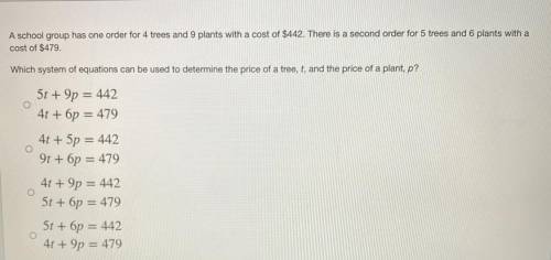 WILL GIVE BRAINLIEST!!

A school group has one order for 4 trees and 9 plants with a cost of $442.