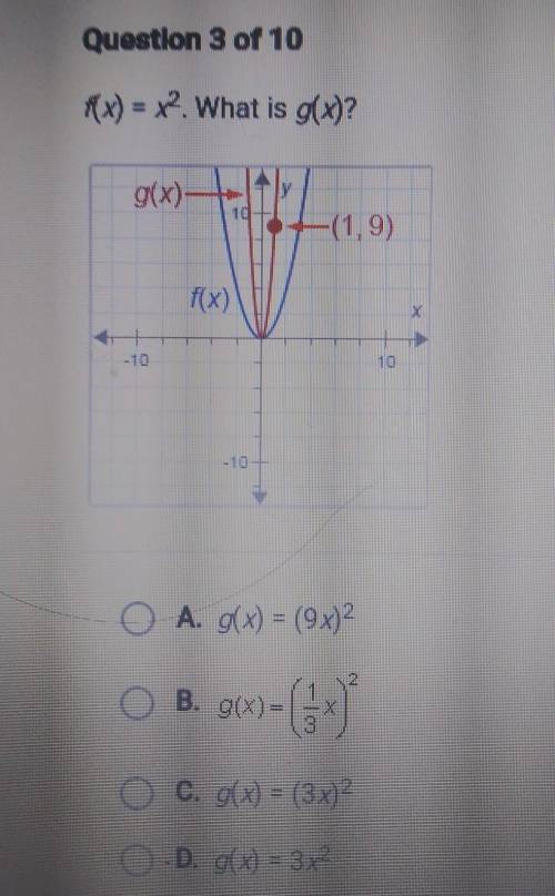 PLS HELP?? 21 points

f(x)=x2. what is g(x)?A.g(x)=(9x)2B.g(x)=(1/3x)2C.g(x)=(3x)2D. g(x)=3x