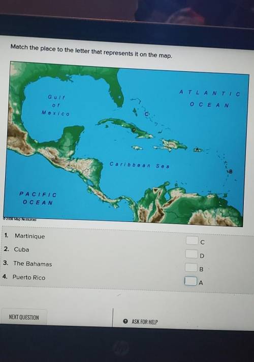 Match the place to the letter that represents it on the map.

1. Martinique 2. Cuba3. The Bahamas