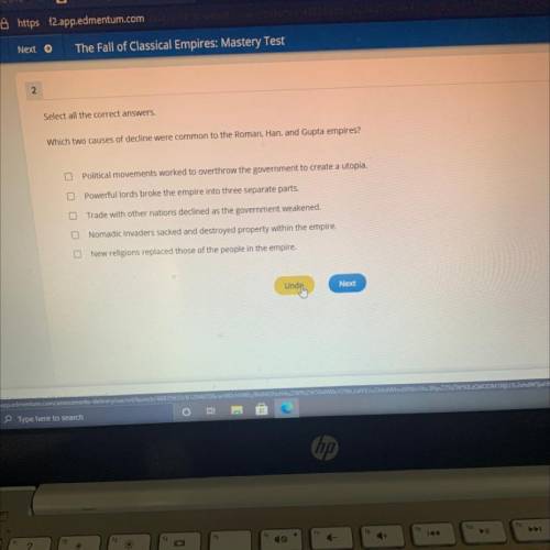 Select all the correct answers.

Which two causes of decline were common to the Roman, Han, and Gu