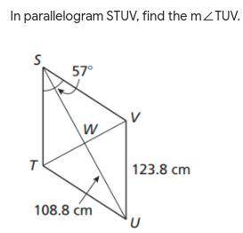 In parallelogram STUV, find the m∠TUV.
